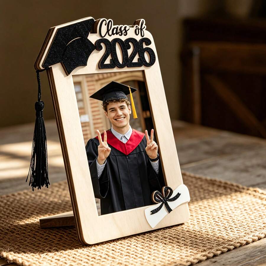 1pc Graduation Season Wooden Photo Frame Ornament, Replaceable Photo Standing Display Rack For Graduates, Desktop Atmosphere Decor - Black - View 1