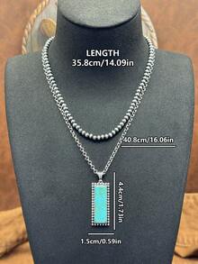 1 Set / Western Vintage Style Jewelry Set, 1 Pair Rectangular Faux Turquoise Earrings And Double Layer Necklace, Rugged And Eye-Catching Overall Style, Full Of American Western Wilderness Texture, Highly Compatible With Cowboy Style, American Vintage Hot Girl Style, And Western Cargo Style Style. - Bohemian Style - View 4