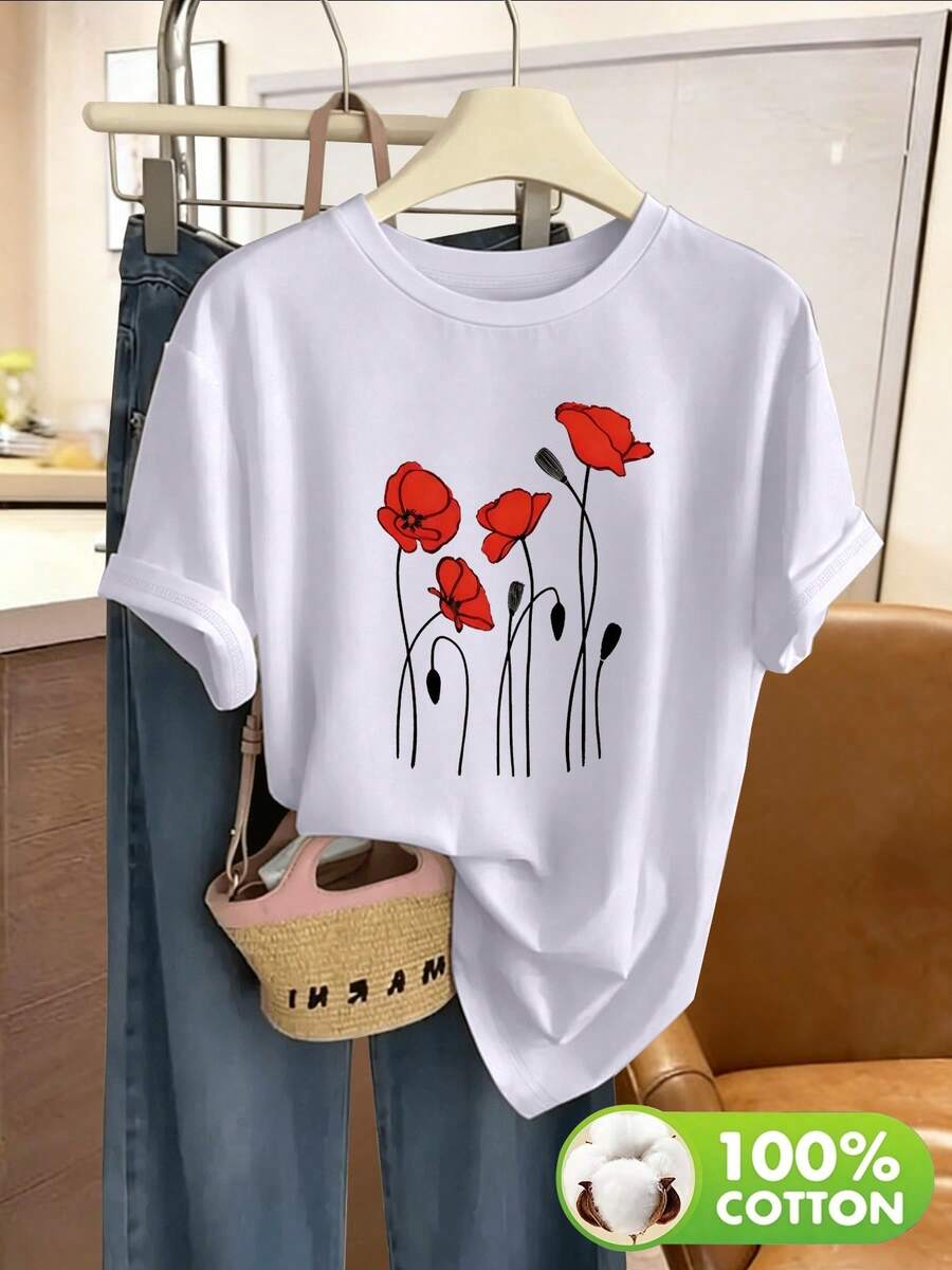 Vintage Red Poppy T-Shirt, 100% Cotton. Loose Fit, Soft And Breathable For Everyday Wear. - White - View 1