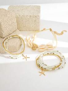 14PCS Bohemian Style Shell & Starfish Multi-Layer Anklet Set, Vacation Style Seed Bead Stacked Elastic Ankle Bracelets, Versatile Beach Foot Jewelry For Women - Gold - View 2