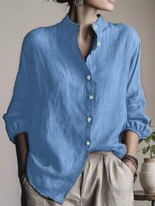 Camisa de lino de unicolor holgada para mujer, de manga 3/4, tejido de caída de hombros, cuello alto, longitud de manga hasta la muñeca, abotonadura delantera, casual minimalista, elegante retro, versátil para vacaciones, Navidad, Halloween - Azul - Ver 3