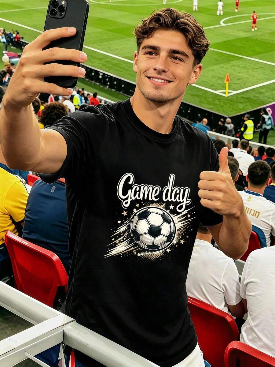 M E N's Football Match Day Graphic T-Shirt, Made Of High-Quality Fabric, Casual, Comfortable, Durable And With A StrikI Ng PrI Nt. - 黑色 - 查看 1