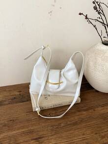 Fashionable Minimalist Retro Handbag, Modern Unique Pleated Design Crossbody Bag; Simple Versatile Solid Color Commuter Style Shoulder Bag - White - View 6