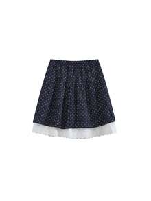 Elastic Waist Lace Patchwork Polka Dot Skirt - Navy Blue - View 7