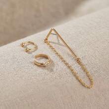 3Pcs Minimalist Geometric Chain Ear Cuff & Huggie Hoop Earring Set, Gold Triangle Chain Wrap Earring With Crystal Tiny Hoops, Dainty No Piercing Women - Multicolor - View 3
