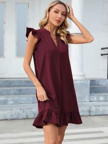Dresses Women Summer Cap Sleeve V Neck Ruffled Hem Solid Smock Casual Mini Sundress - Burgundy - View 5