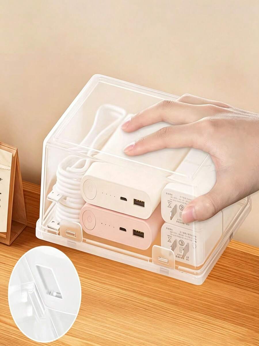 1pc PP Dual Buckle Rectangular Transparent Lid Plastic Storage Box, Sample Display Box For Jewelry, Teaware, Stationery, Desktop Organizer - Transparent - View 1