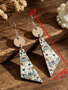 1 Pair Bohemian Vintage Floral Pattern Triangle Wooden Earrings, Painted Print Pastoral Ear Jewelry - Multicolor - View 2