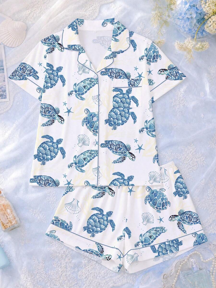 2件組女款睡衣套裝,海龜印花,女款居家服,春夏度假穿搭,短袖上衣與短褲套裝 - 白色 - 查看 1