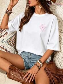 Women's Oversized White T-Shirt, Disney Minnie Mouse Graffiti Star Balloon Double-Sided Graphic Print, Crew Neck Short Sleeve Casual Tee - White - View 2