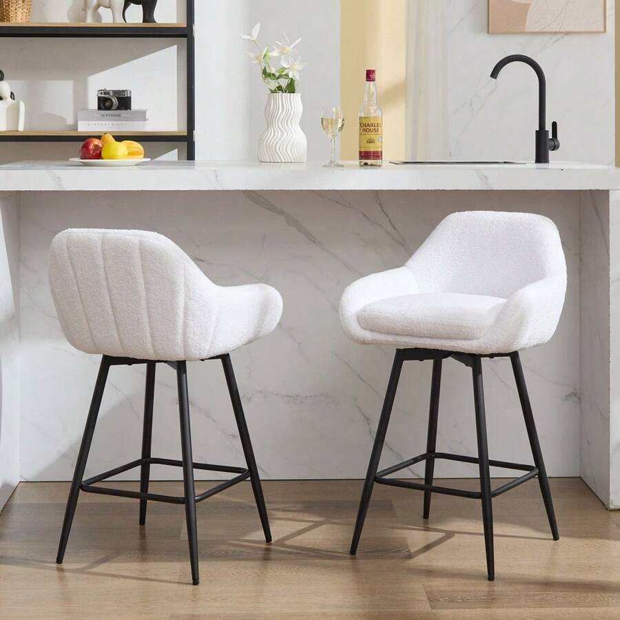 Set mit 2 modernen drehbaren Barhockern – 66 cm Tresenhöhe mit Rücken- und Armlehnen – Doppellagig gepolsterter Sitz, verstellbare Fußstütze, X-förmiges Metallgestell - Weiss - Übersicht 1