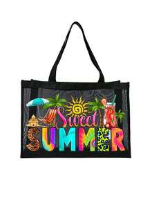 網格托特包套組，印有彩色「Sweet Summer」與遮陽扇、飲料、太陽、椰子樹圖案，網格化妝包，沙灘手提包，休閒度假包，可折疊大容量游泳沙灘包，化妝品收納包，夏季必備，適合學校、度假、假期和返校使用，送給朋友和老師的禮物，理想的返校季禮物 - 彩色 - 查看 20