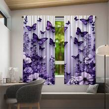 2 PIEZAS Cortinas Semitransparentes con Estampado Floral y Mariposa Púrpura. Bolsillo para Barra sin Taladro, Fácil de Instalar y Deslizar Suavemente. Tela de Poliéster, Secado Rápido, Lavable a Mano y a Máquina. Perfecto para Dormitorio, Sala de Estar, Decoración de Cocina y Divisores de Habitación. - Multicolor 1 - Ver 16
