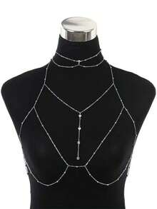 2pcs/Set Body Chain & Collarbone Chain Set, Versatile Sexy Sexy Body Chain, Bikini Chain Collarbone Chain With 3D Sparkling Rhinestones Body Chain Accessory - Necklace Body Chain Set - View 6
