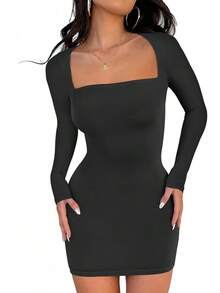 Women Long Sleeve Square Neck Sexy Bodycon Tight Cocktail Party Club Night Formal Short Dress 2025 Going Out Outfits - Black - View 4