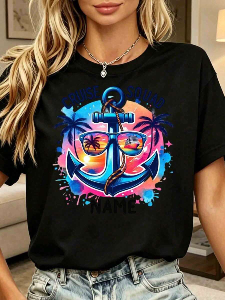 Women's Plus Size Vintage Short-Sleeved T-Shirt With Printed Design And Text, Ideal For Boat Trips, Beach Holidays, Summer Parties, 220g, Summer Tops. - Black - View 1