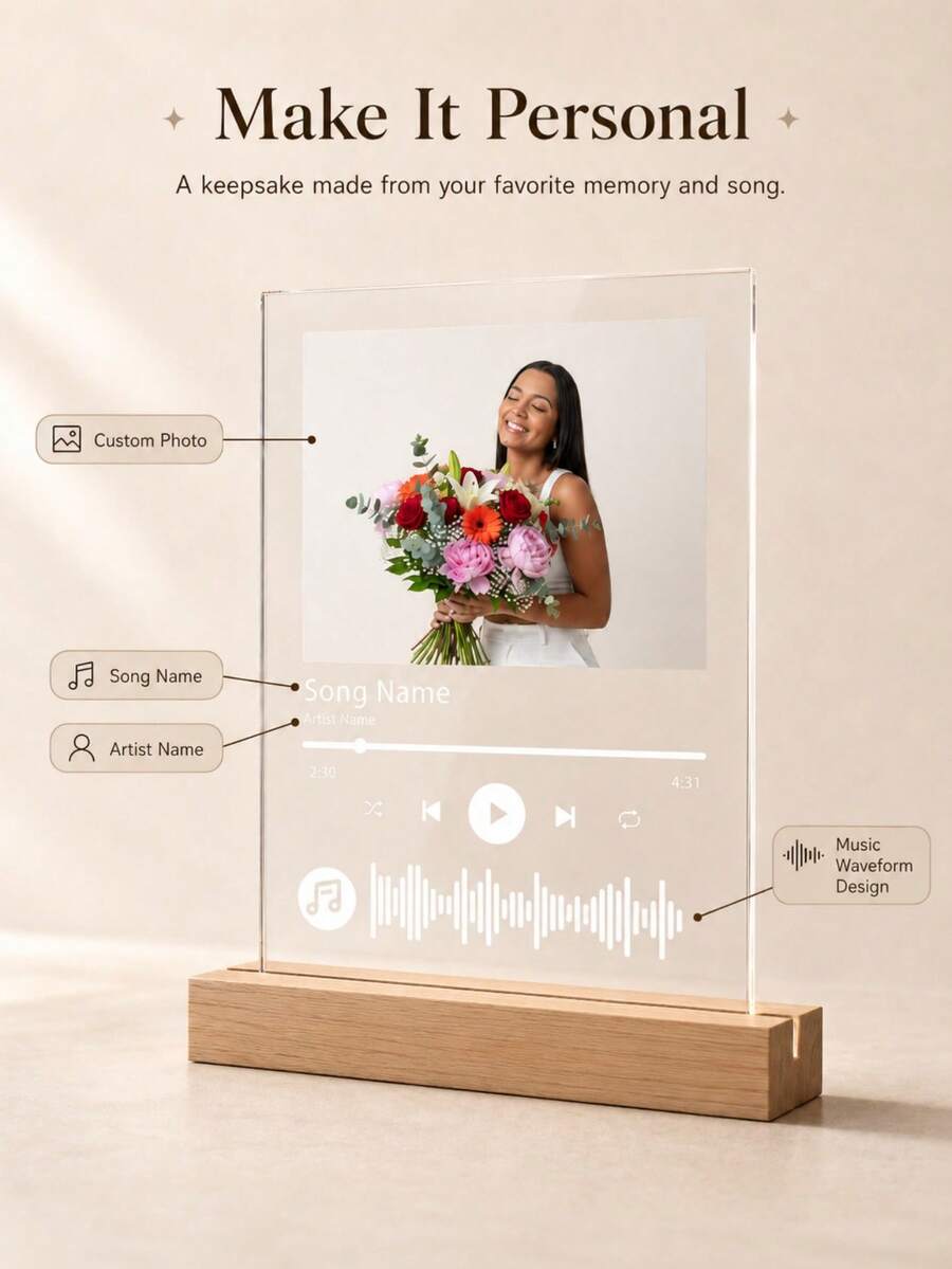 Personalized Custom Acrylic Music Photo Desk Display With Wooden Base, Engravable Exclusive Song Name And Artist Name, Custom Photo Music Waveform Commemorative Gift, Suitable For Couples, Friends And Family - Multicolor - View 1