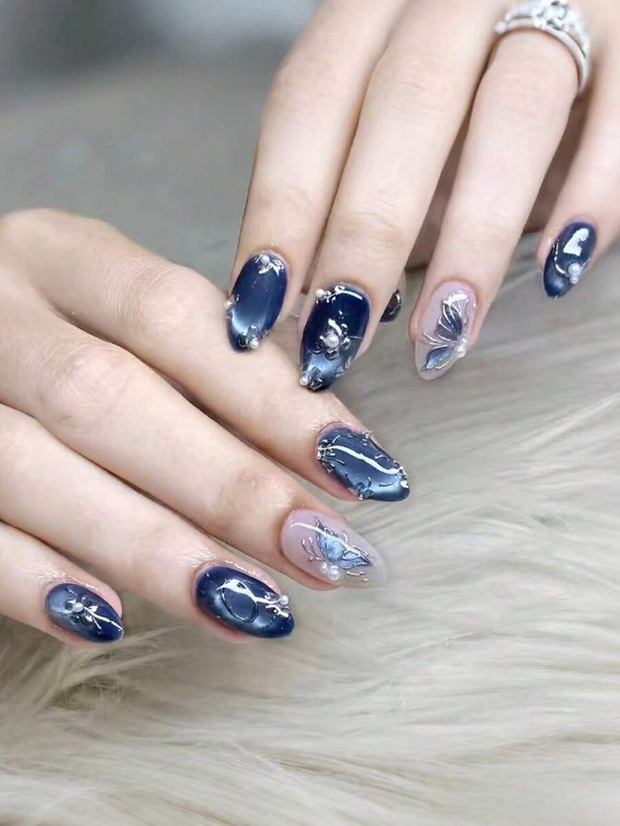 10 Peças Unhas Postiças Premium Estilo Francês Formato Amêndoa Médio-Longo 3D Olho de Gato com Folha de Ouro, Adequadas para Festa de Mulheres, Baile de Formatura, Uso Casual Diário, Removíveis e Reutilizáveis, Suprimentos de Arte de Unhas - Multicolorido - Visão 1