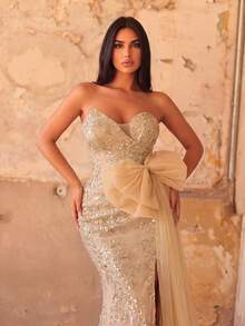 Faeriesty Elegant Bow Detail Strapless Split Mermaid Hem Printed Sequin Beaded Formal Gown & Evening Dress Wedding Party - Champagne - View 4