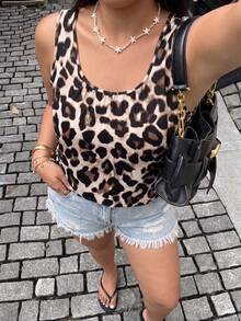 Plus Size Women Leopard Print Round Neck Wide Strap Tank Top, Casual Daily Wear For Spring/Summer - Multicolor - View 7