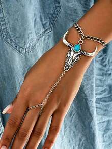 1pc European And American Western Cowboy Style Chain Bull Head Long Distance Couple Bracelet - White Gold - View 1