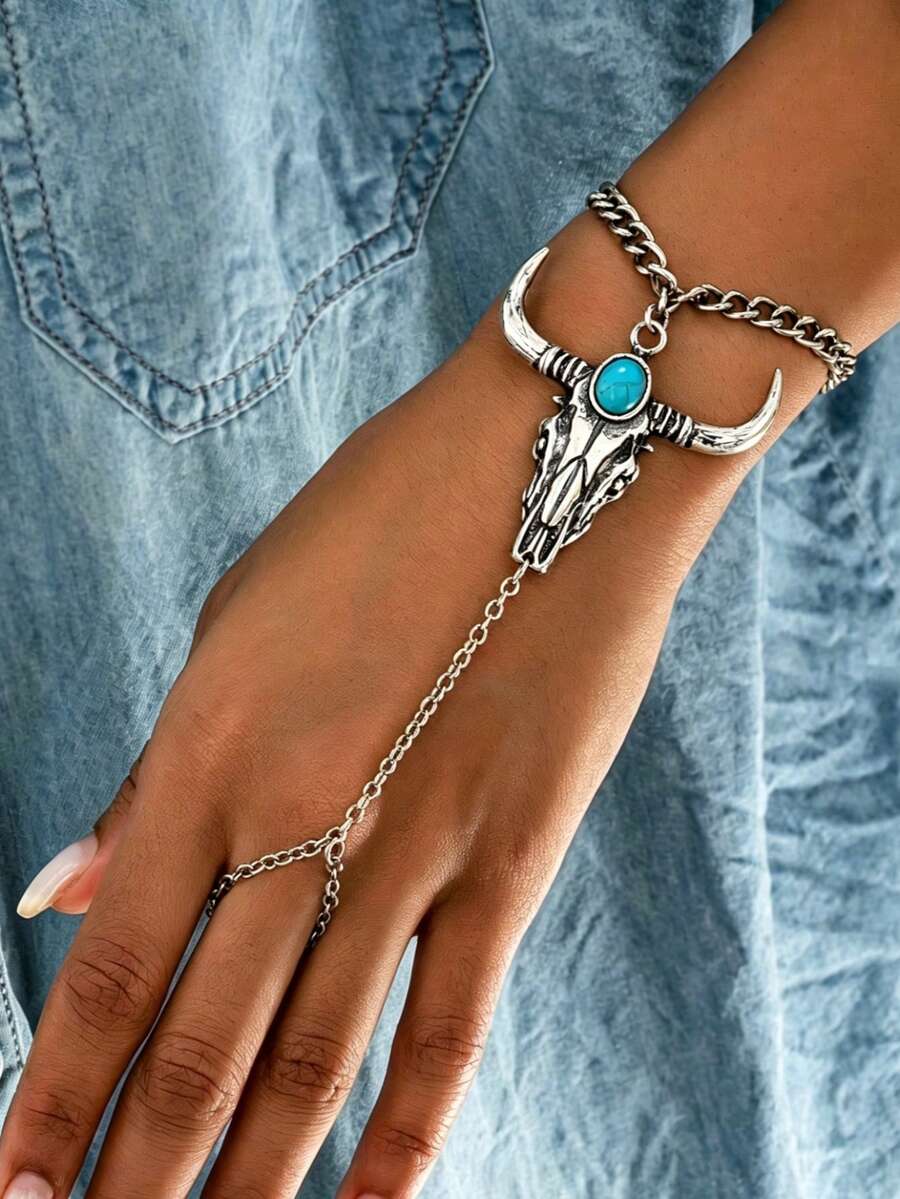 1pc European And American Western Cowboy Style Chain Bull Head Long Distance Couple Bracelet - White Gold - View 1