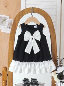 Baby Girl Korean Style Elegant Puff Chest 3D Big Bow Decor Ruffle Hem Sleeveless Round Neck Princess Dress Summer Birthday Party Formal Gown Thin - Black - View 1