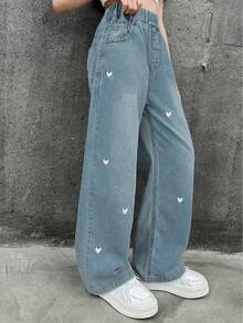 Tween Girls Heart Print Embroidery Wide Leg Jeans - Baby Blue - View 2