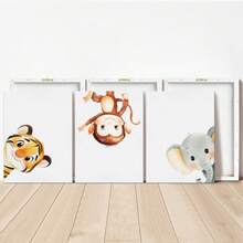 3 piezas de arte de pared enmarcado en lienzo para guardería, animales en acuarela, tigre lindo jugando al escondite, mono colgante y elefante asomándose, impresiones de arte, decoración de guardería estilo bohemio en tonos neutros, obra de arte enmarcada lista para colgar, adecuada para dormitorio de niños pequeños, sala de juegos, guardería, también como regalo de baby shower, regalo de pequeño tesoro, arte con tema de aventura y naturaleza, estética de tonos suaves, decoración de acento moderna y caprichosa para habitación infantil - Multicolor - Ver 9