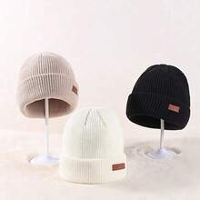 3 piezas / 1 pieza Gorro de punto unisex de unicolor con etiqueta de cuero, versátil y cálido, protección para las orejas, estilo minimalista, etiqueta pequeña, protección contra el frío, estilo japonés, versión coreana, otoño/invierno - Multicolor - Ver 2