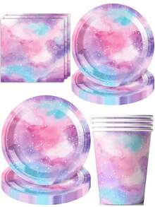 10 piezas de suministros para fiesta con tema de cielo estrellado de neón, platos arcoíris, vasos de papel, suministros para fiesta de cumpleaños, artículos esenciales para camping y viajes - Multicolor - Ver 1
