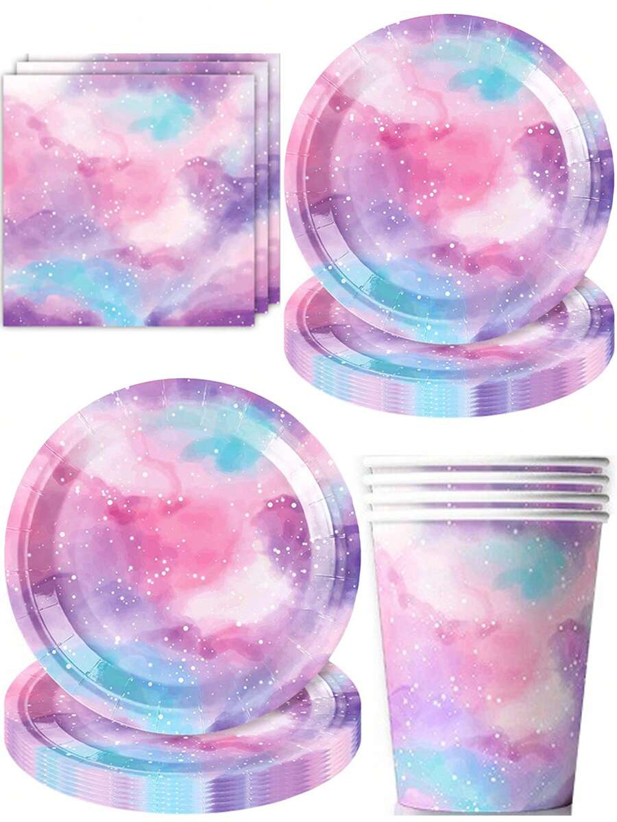 10 piezas de suministros para fiesta con tema de cielo estrellado de neón, platos arcoíris, vasos de papel, suministros para fiesta de cumpleaños, artículos esenciales para camping y viajes - Multicolor - Ver 1