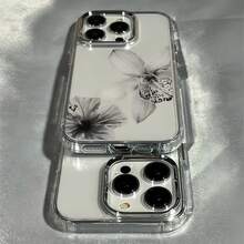 1個金屬按鈕極簡透明灰階水墨花紋手機殼 個性化適用於 iPhone 16 Pro Max 17/16/15/14 Plus/13/12/11 保護殼 Air - 彩色 - 查看 3