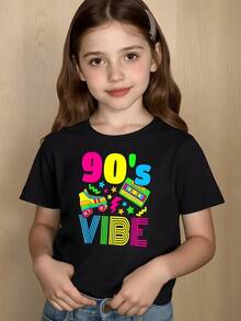 Retro Roller Skates, Cassette Tapes, And Neon Stars Capture The Vibrant Spirit Of The 90s, Evoking Joy And Fun. 100% Cotton T-Shirt, Children's Clothing - 黑色 - 查看 1
