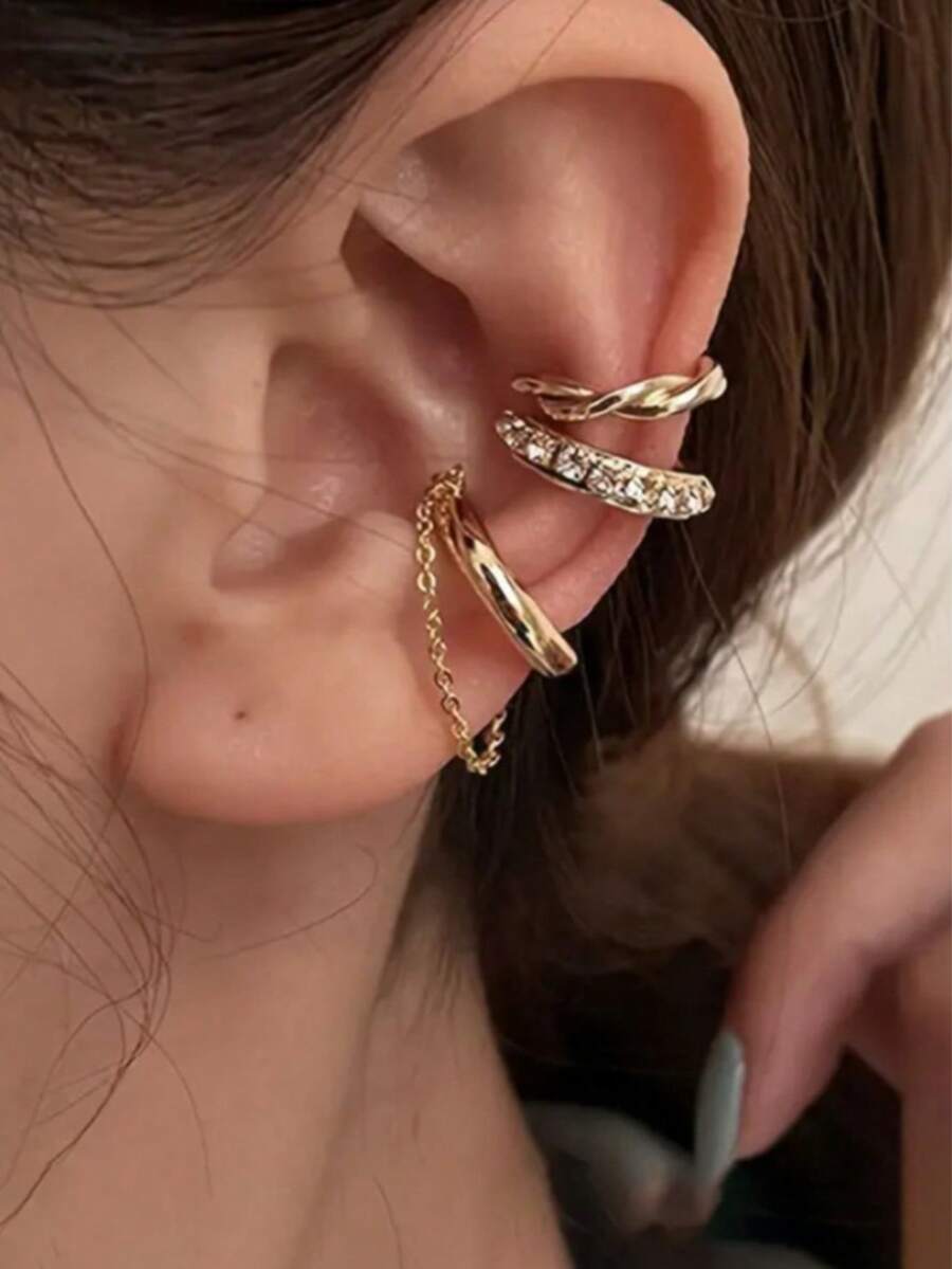 European And American Rhinestone C-Shaped Non-Pierced Ear Cuff Vintage Personalized Set Combination Non-Pierced Ear Cuff - Gold - View 1