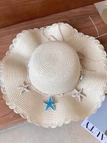 1pc Women's Bohemian Woven Wide Brim Straw Hat, Decorated With Starfish And Shells, Fashionable For Daily Outings, Breathable Straw Hat - Multicolor - View 4