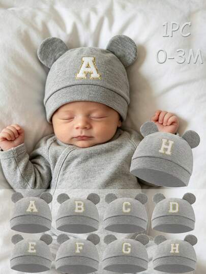 1PC Newborn Infant Baby Hospital Hats, Breathable, Soft And Comfortable, Cute Bear Letter Ears, For Baby Boys & Girls, Autumn And Winter Styles