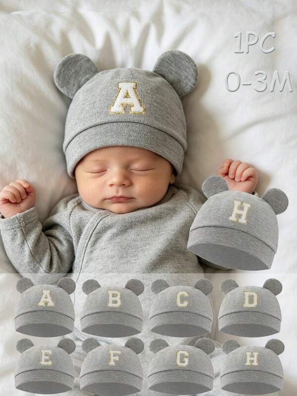 1 pieza Gorros de hospital para recién nacidos y bebés, transpirables, suaves y cómodos, con orejas de oso y letras lindas, para niños y niñas, estilos de otoño e invierno