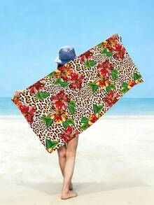 1pc Leopard Print Beach Towel, Fashion Leopard Floral Beach Towel, Microfiber Absorbent, Quick-Drying Beach Towel, Large Sand-Proof Beach Mat, Suitable For Vacation, Camping, Swimming, Bathroom, Summer Vacation Essential, Holiday Party Essential, Multi-Functional Beach Swimming Accessory - Coffee Brown - View 5