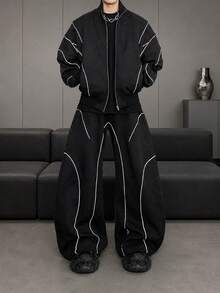 HEYKESON 2pcs Men's Front Zip Pocket Minimalist Jacket And Pants Set, Casual Tracksuit, Fall Clothes - Black - View 1