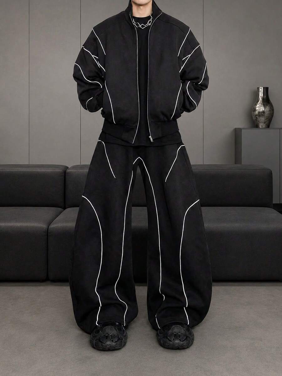 HEYKESON 2pcs Men's Front Zip Pocket Minimalist Jacket And Pants Set, Casual Tracksuit, Fall Clothes - Black - View 1