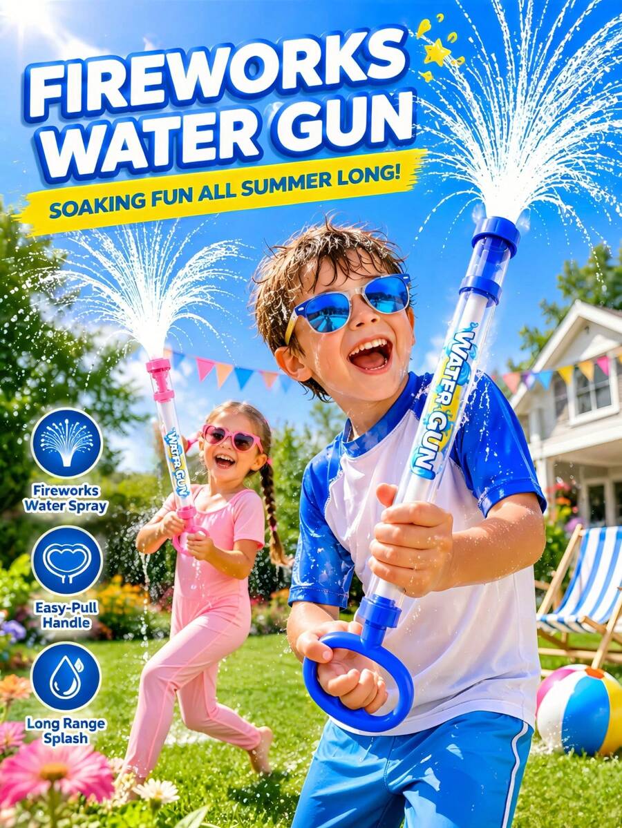 3 piezas Juguetes de pistola de agua con forma de fuegos artificiales de alta presión y de extracción, juguetes de pistola de agua portátiles adecuados para parejas y niños para usar en la piscina, la playa, el patio trasero y otras actividades acuáticas al aire libre en verano - Multicolor - Ver 1