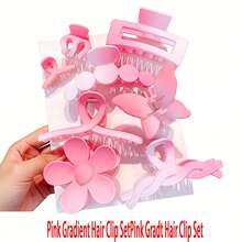 This Set Of 8 Hair Clips Features Floral, Butterfly, And Geometric Patterns, In Pink And Solid Color Gradients. Suitable For Both Girls And Women, These Are Essential Items For Everyday Hairstyles, Suitable For All Seasons - One Size - View 12