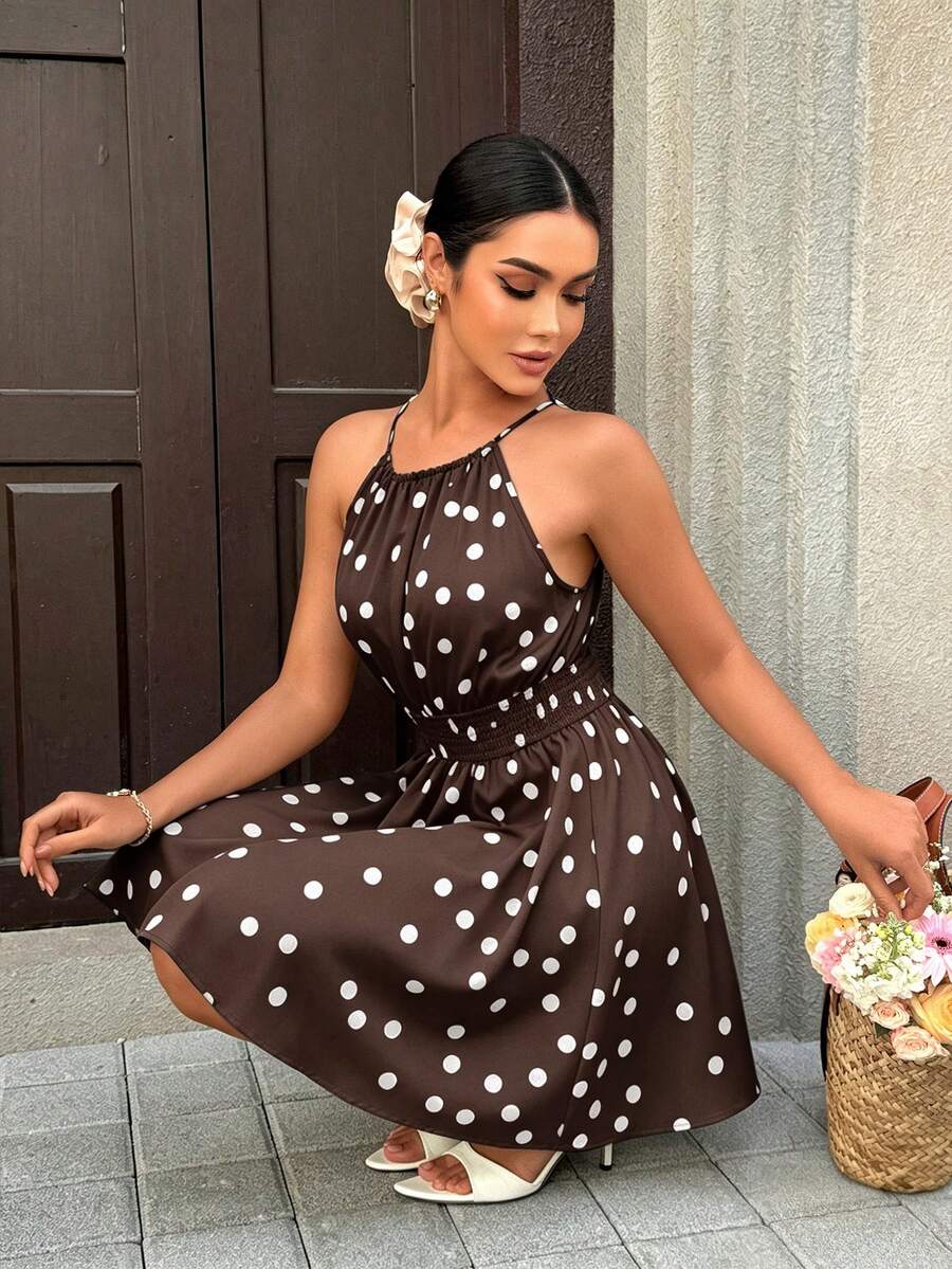 Women's Casual Cute Polka Dot Sleeveless Mini Dress - Fashionable Collar, Slim Waist Vacation Elegant Summer - Brown - View 1
