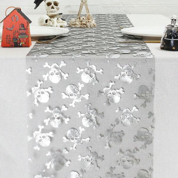 1pc 28cm/600*900cm Gold & Silver Skull Table Runner, Shiny Metallic Mesh Tablecloth, Glitter Desktop Decor For Dining Table, Wedding, Party, Restaurant, Bridal Shower, Birthday Party, Banquet, Halloween, Christmas Table Decoration