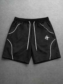 Herren Sommer Lässig Shorts, einfarbige Strand Shorts, bedruckte Shorts mit Kordelzug Taille - Schwarz - Übersicht 2