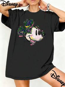 Disney Women's Loose-Fit Vintage  Printed T-Shirt, Hand-Painted Mickey Mouse Design, Mother's Day,Disney Collaboration - 黑色 - 查看 1