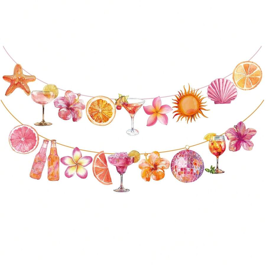 1 Set Summer Floral Cocktail Feather Flags, Cocktail Feather And Hibiscus Flower Theme Party Supplies, Beach And Sunset Party Decorations - View 1