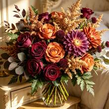3pcs Autumn Mixed Artificial Flowers, Orange Red Peony Rose Dahlia Lavender Faux Bouquet For Home Cafe Wedding Photography Spring Decor - Multicolor - View 8