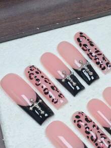 CrystalHola 10 Pcs Of Handmade Coffin-Shaped Nails, Y2K Style, Perfect For Summer Vacations, Graduation Season, The World Cup, And Independence Day. Black And Pink With Rhinestones, French Tip Nails, Suitable For Parties, Weddings, And Everyday Wear. Handmade Press On Nails - Multicolor - View 5